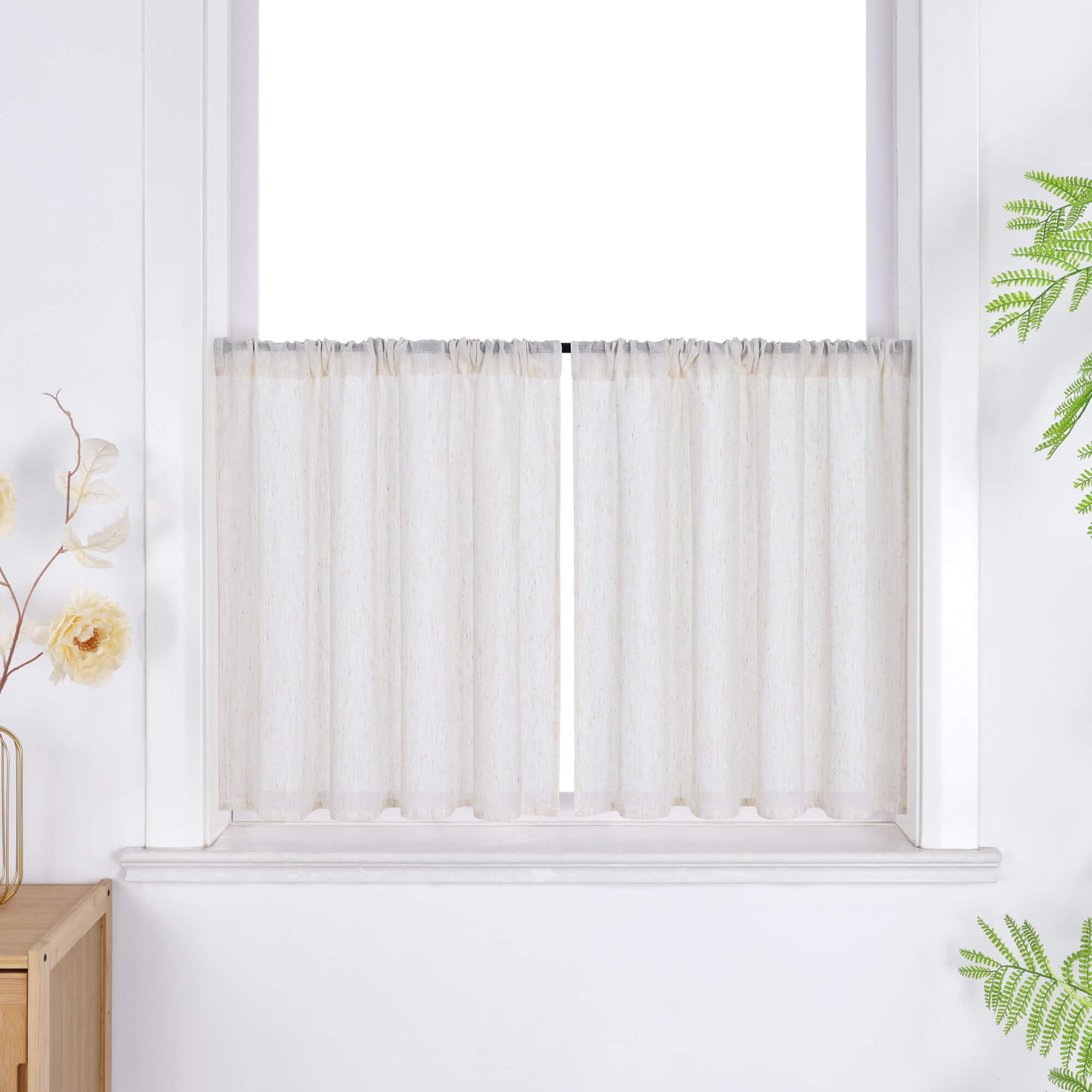 Cafe Curtains Semi-Sheer with Fine Slub-Yarn Texture Set of 2 - Natural, Rod Pocket