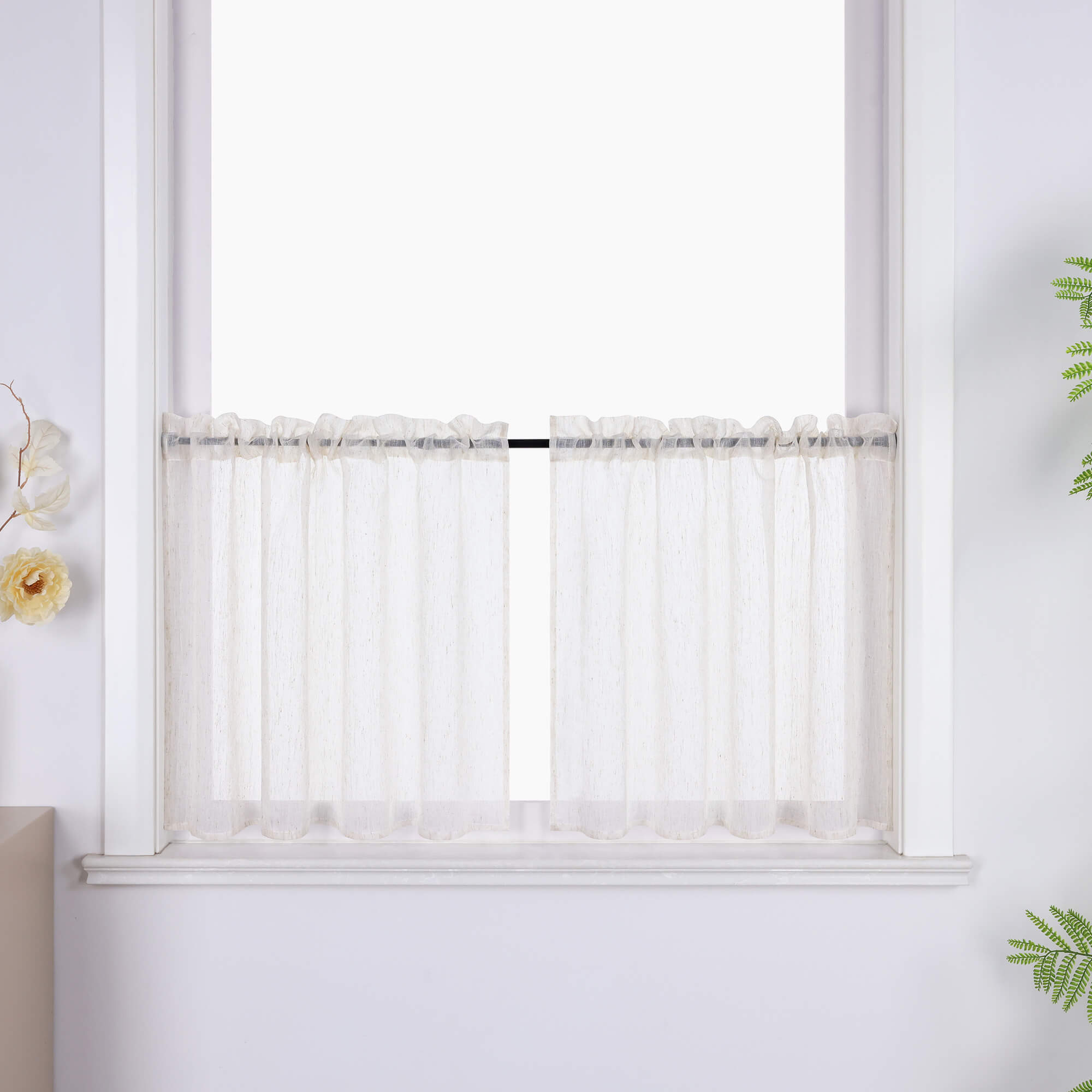 Cafe Curtains Semi-Sheer in Linen-Look Rod Pocket Set of 2 - Natural, Rod Pocket