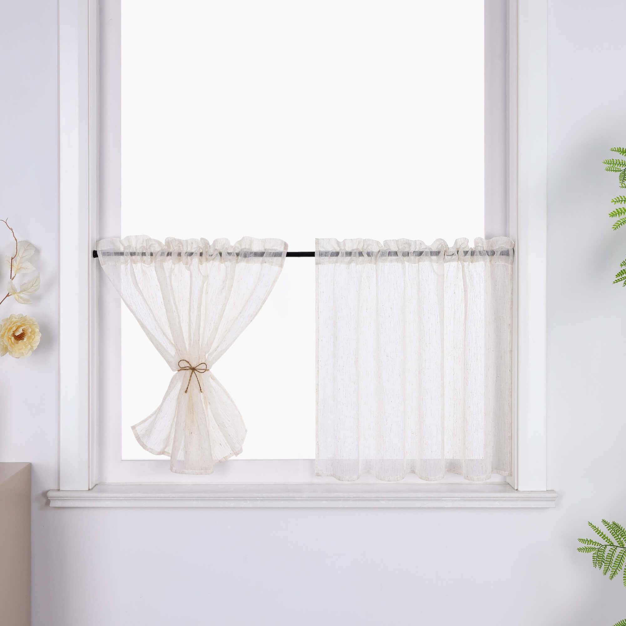 Cafe Curtains Semi-Sheer in Linen-Look Rod Pocket Set of 2 - Natural, Rod Pocket
