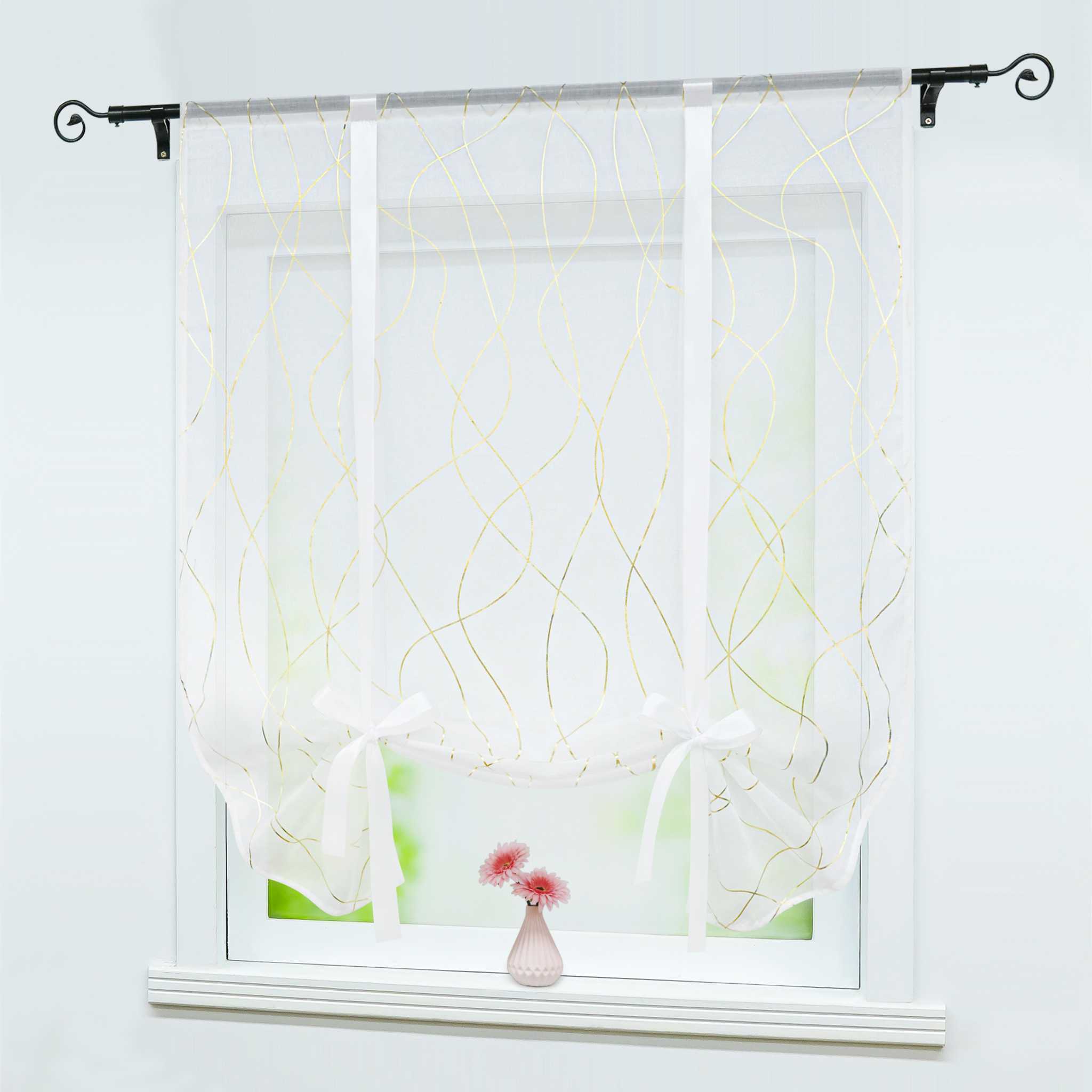 Roman Shade with Wave Stripes with Rod Pocket Satin Ribbon Semi-Sheer - Gold, W x H 80 x 140cm