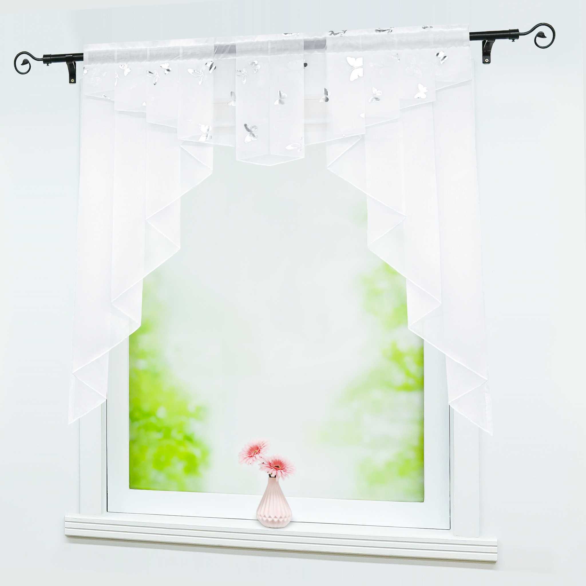 Cafe Curtain with Rod Pocket Double-Layer with Butterfly Pattern - White, H x W 100 x 100cm