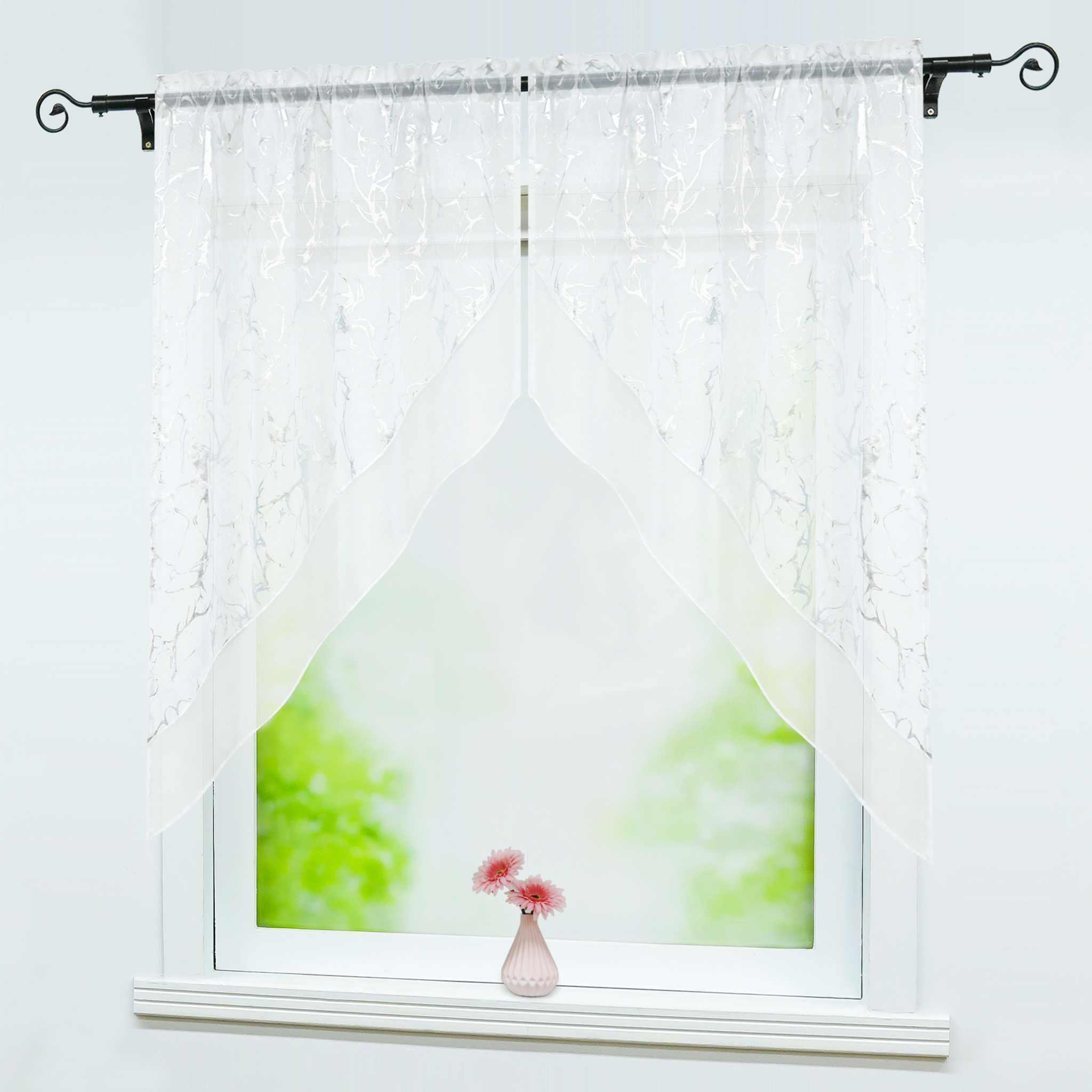 Cafe Curtain Double-Layer with Silver Marble Pattern Set of 2 - White, W x H 71 x 91cm