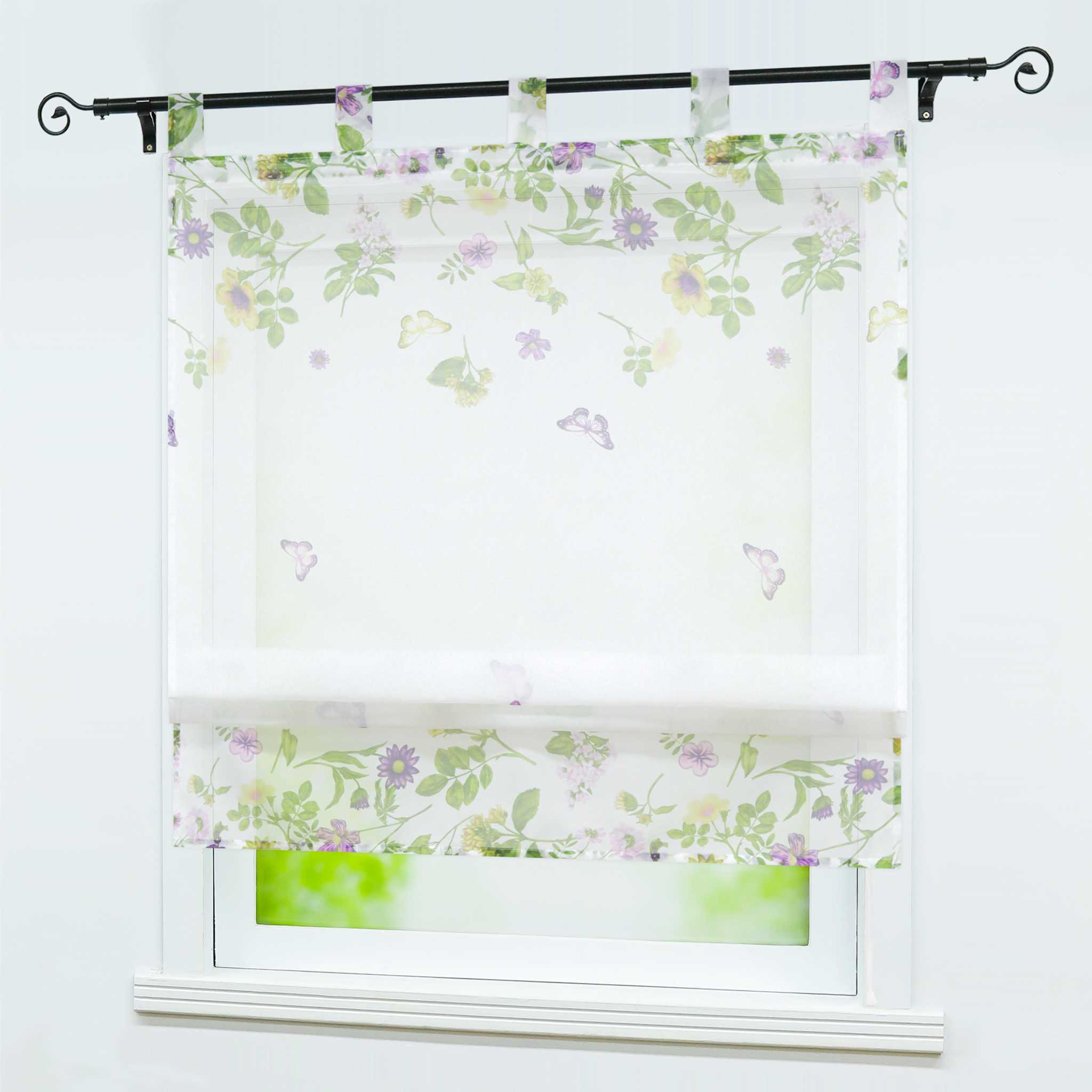 Roman Shade with Tab Tops with Butterfly Pattern Sheer - White, W x H 100 x 140cm