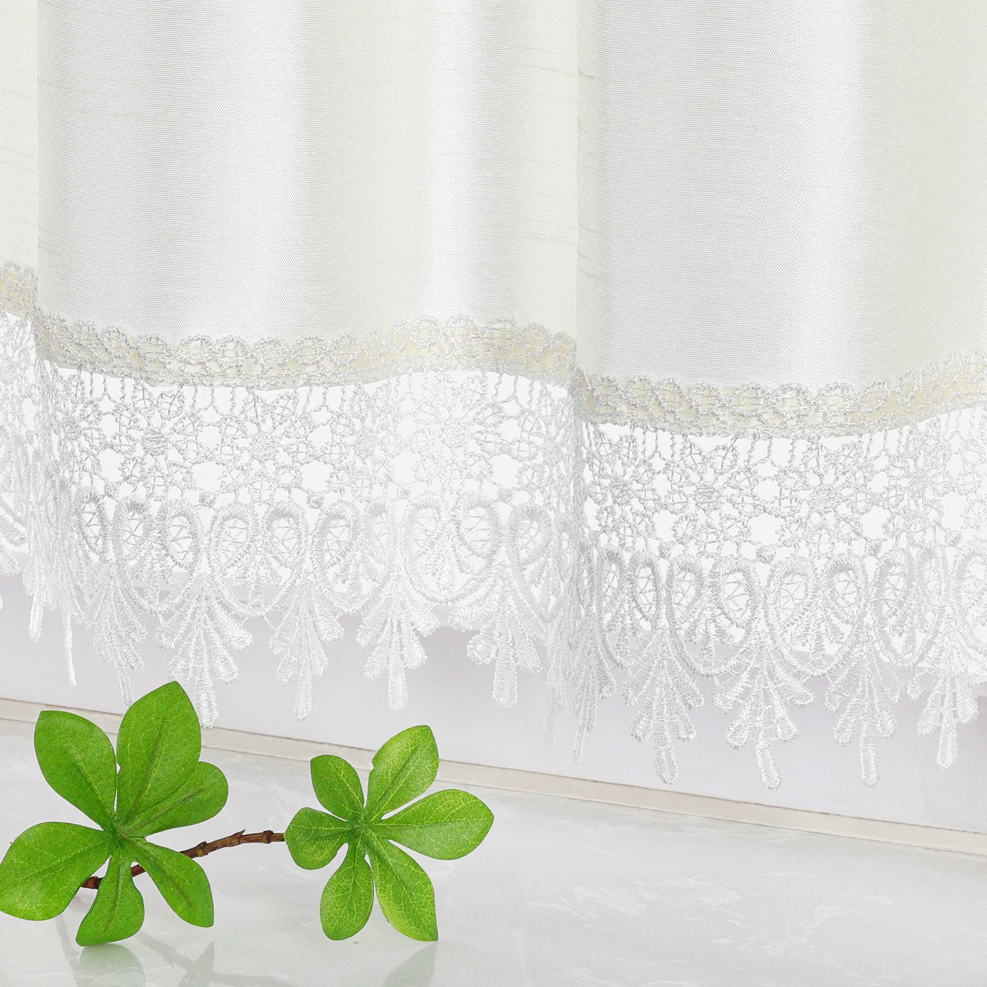 Cafe Curtain with Linen Texture and Lace Trim - Beige, H x W 45 x 120cm