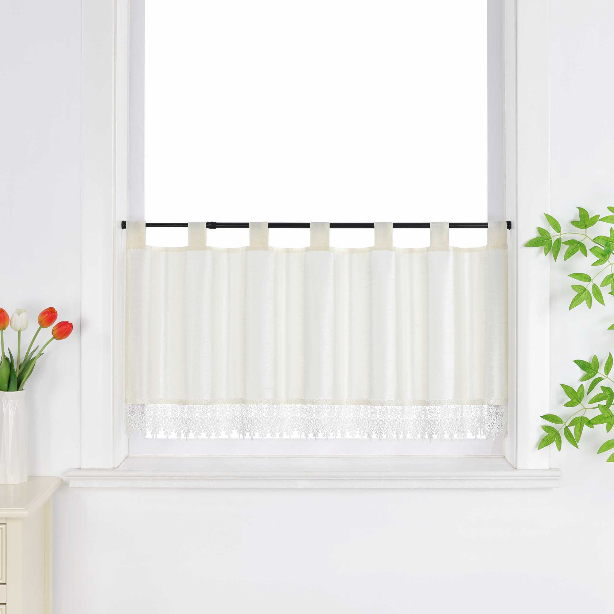 Cafe Curtain with Linen Texture and Lace Trim - Beige, H x W 30 x 90cm
