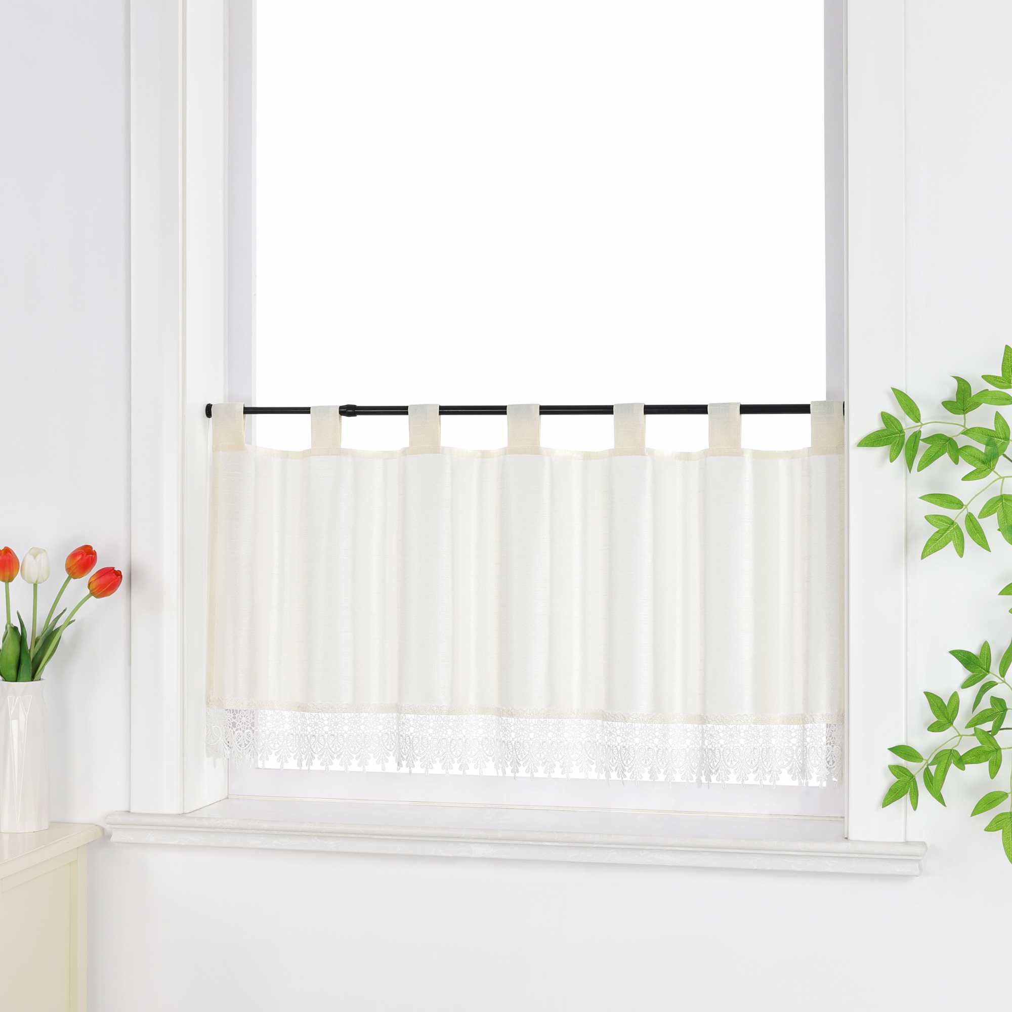 Cafe Curtain with Linen Texture and Lace Trim - Beige, H x W 30 x 120cm