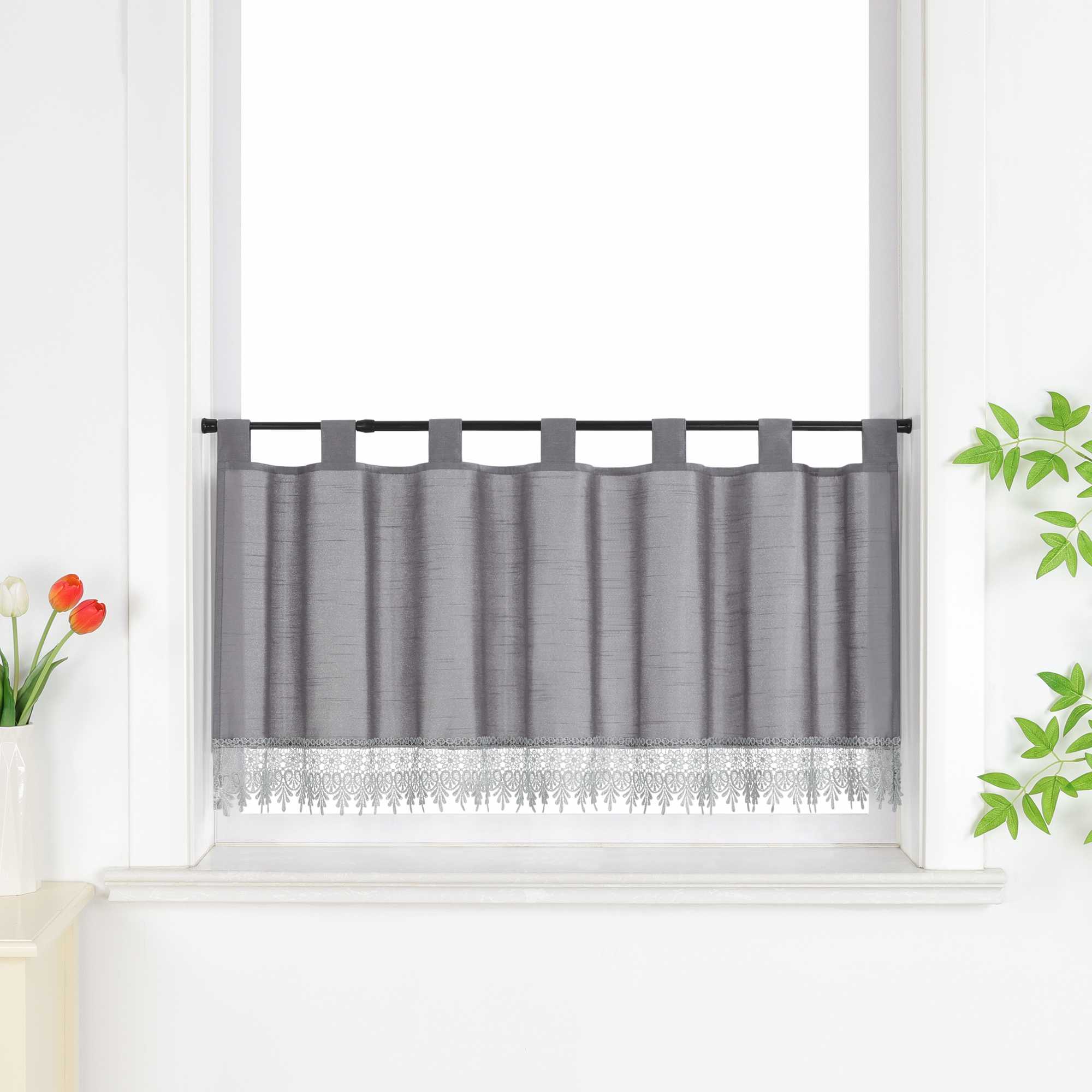 Cafe Curtain with Linen Texture and Lace Trim - Gray, H x W 30 x 90cm