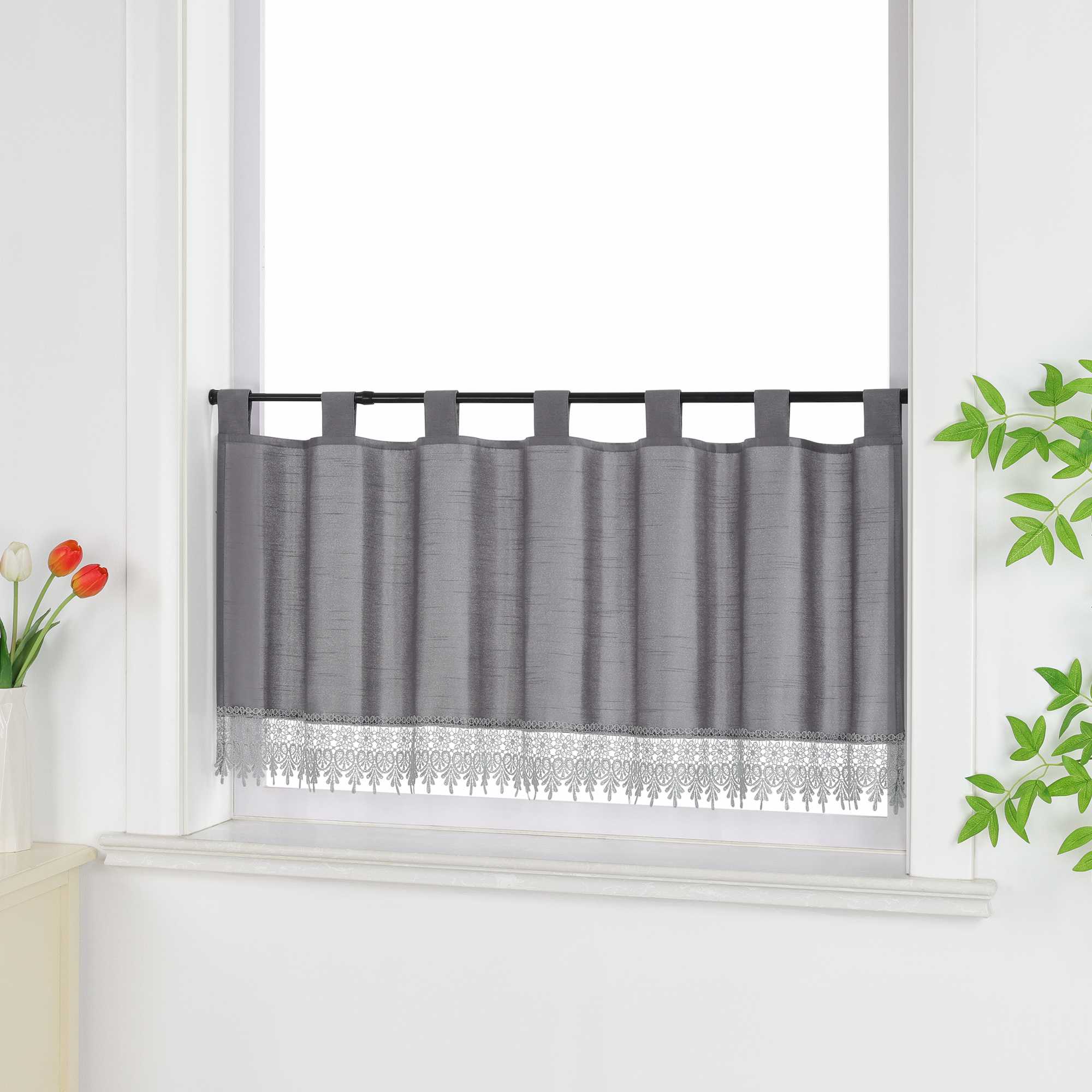 Cafe Curtain with Linen Texture and Lace Trim - Gray, H x W 30 x 120cm