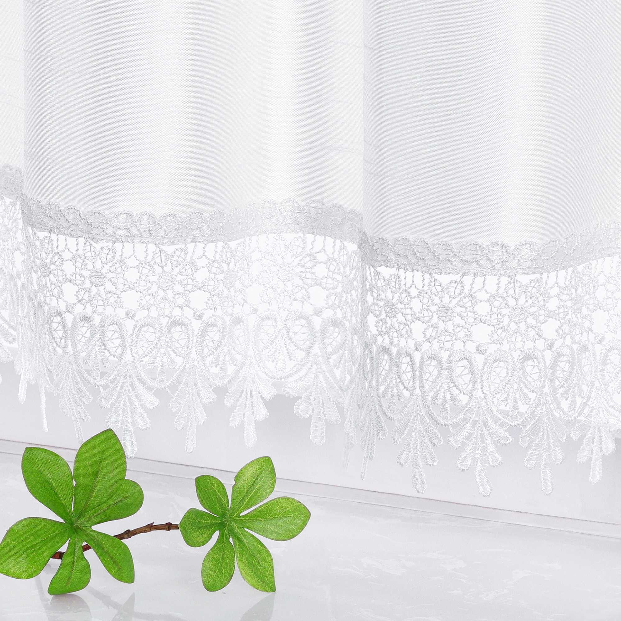 Cafe Curtain with Linen Texture and Lace Trim - White, H x W 60 x 140cm