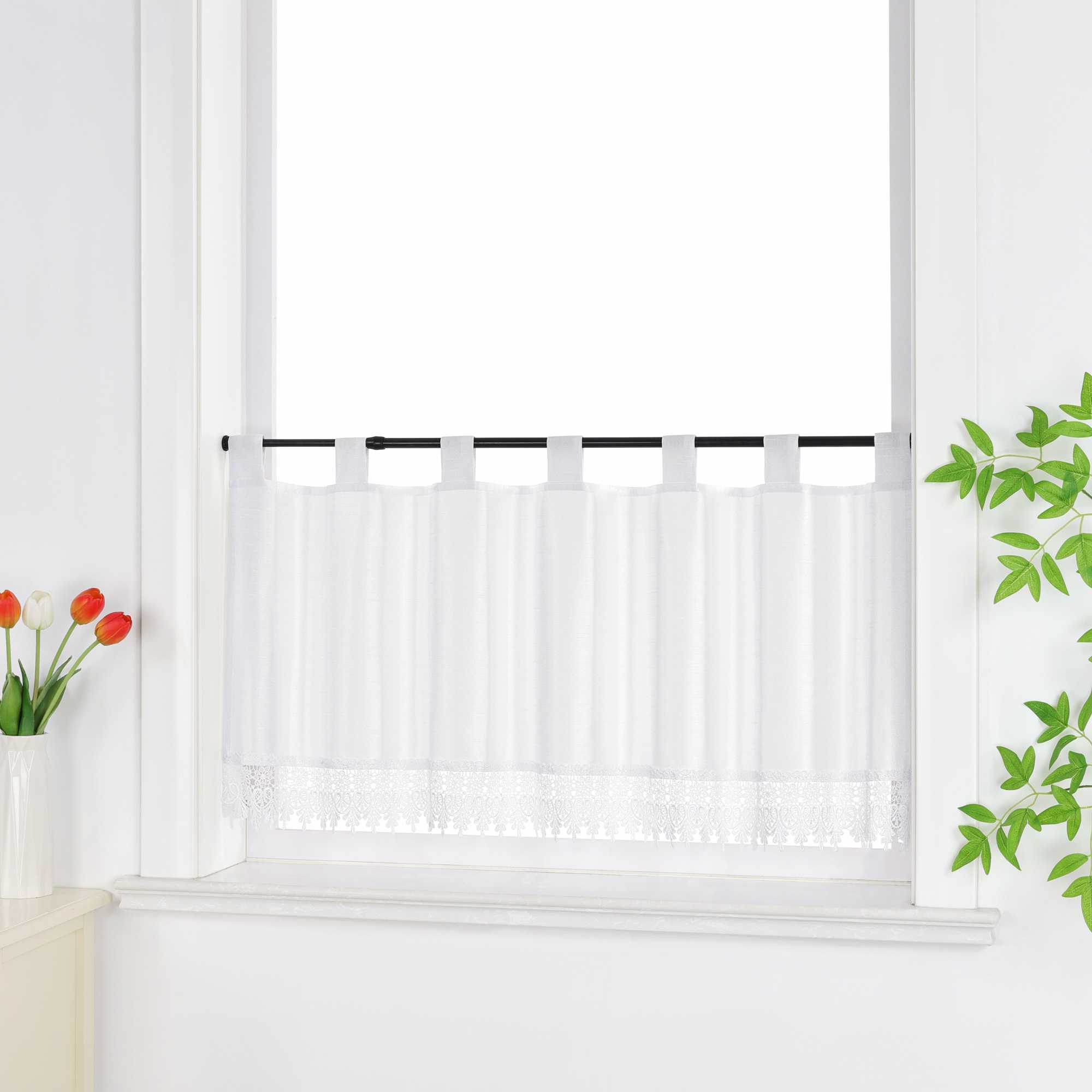 Cafe Curtain with Linen Texture and Lace Trim - White, H x W 30 x 120cm