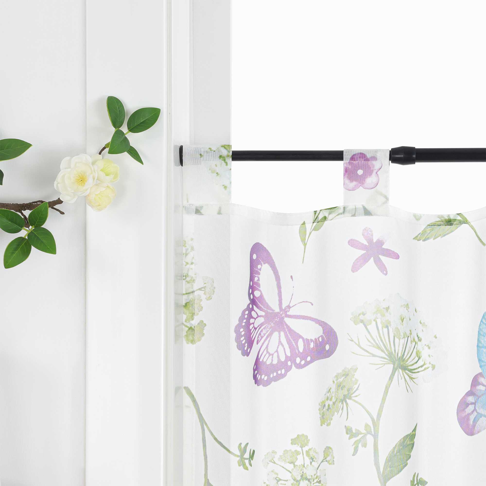 Cafe Curtain Country Style with Butterfly and Flora - Multicolor, H x W 45 x 90cm