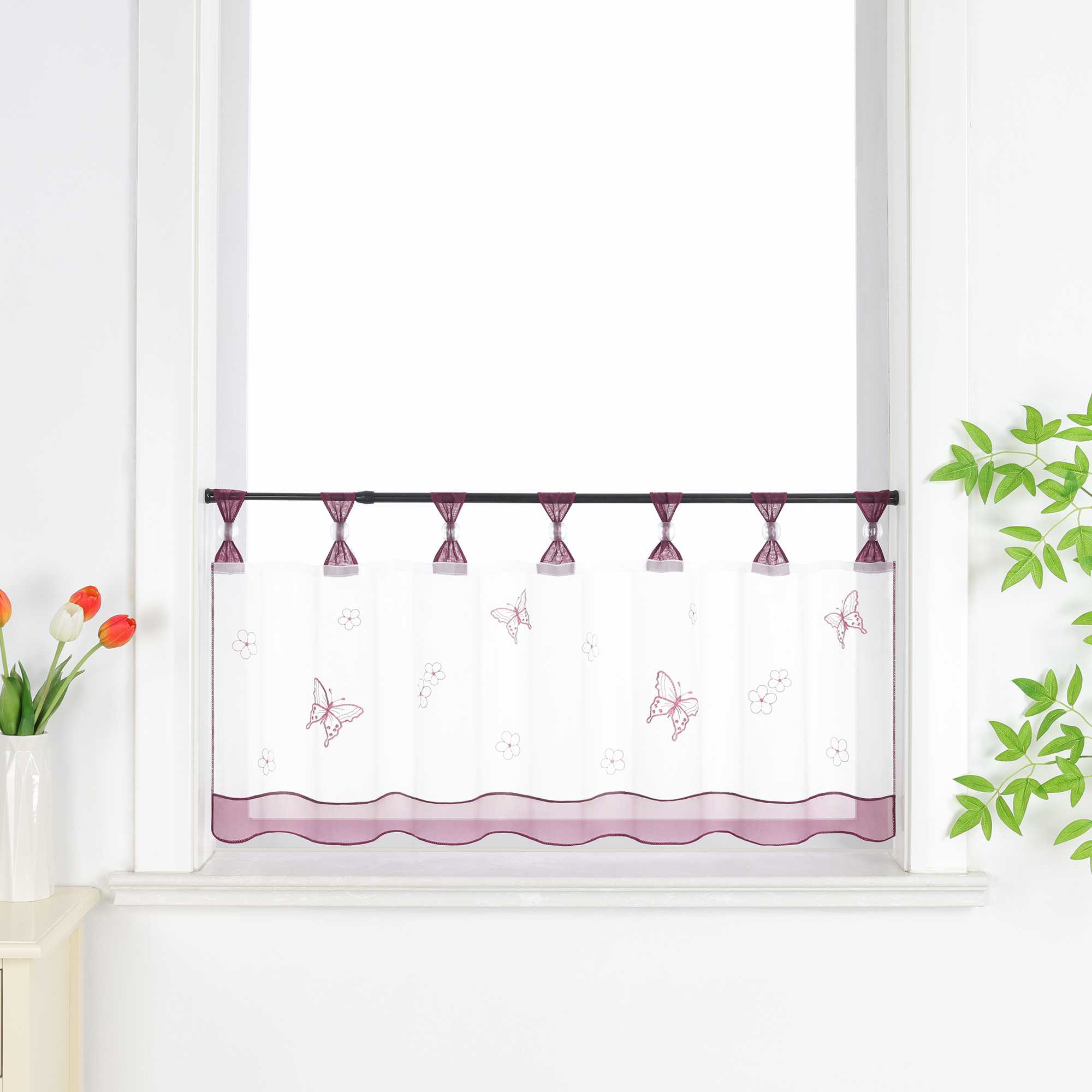 Cafe Curtain with Butterfly Pattern and Beads 1 Piece - Green, H x W 30 x 90cm