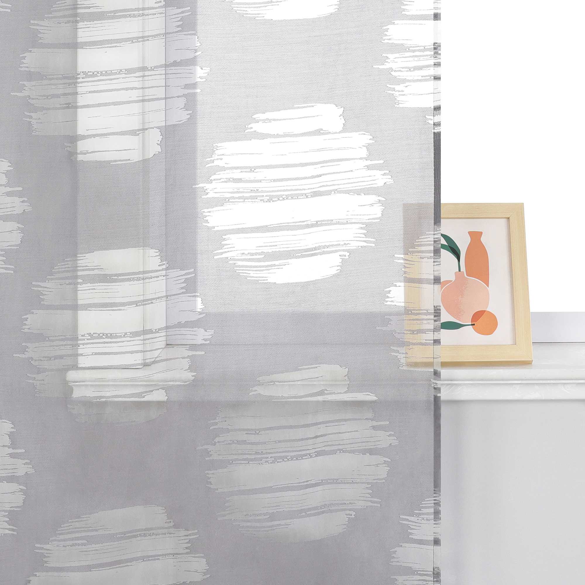 Curtain with Wavy Circle Pattern - Tab-Top Hanging Set of 2 - White, W x H 57 x 225cm