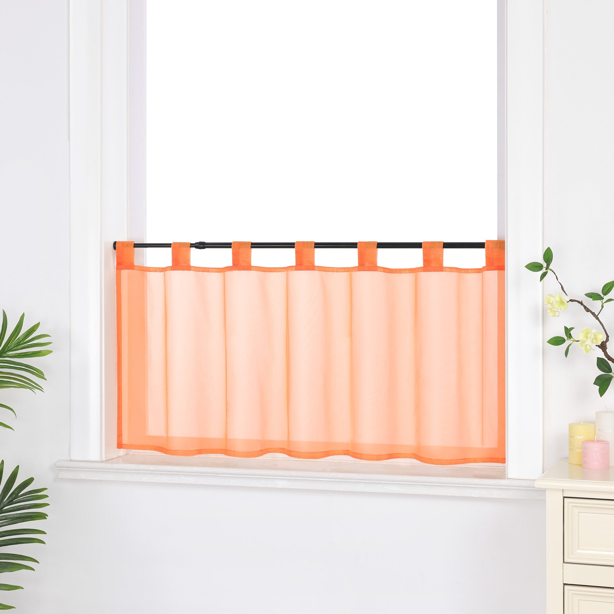 Cafe Curtain Solid Color with Tab-Top Hanging - Orange, H x W 45 x 120cm