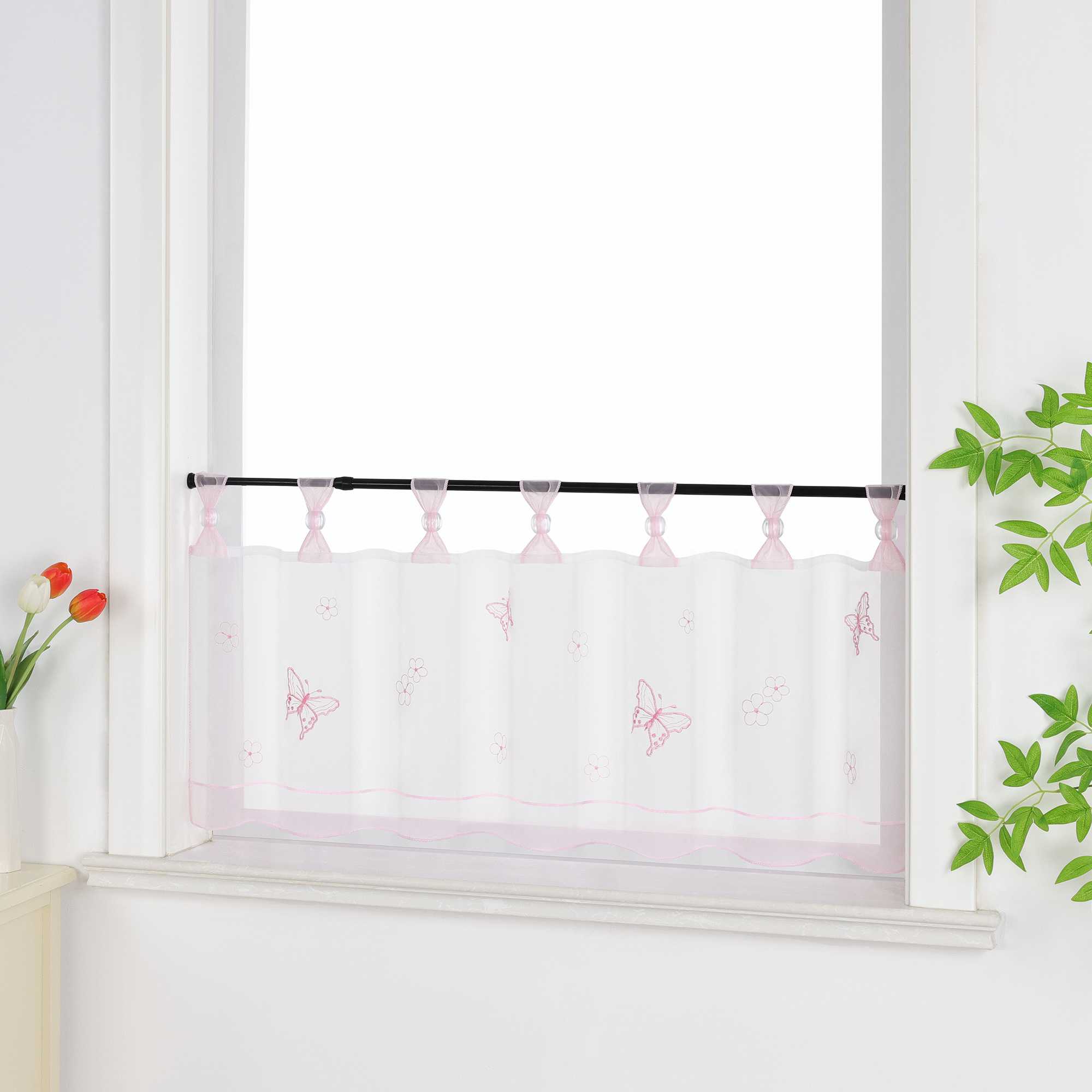 Cafe Curtain with Butterfly Pattern and Beads 1 Piece - Pink, H x W 30 x 120cm