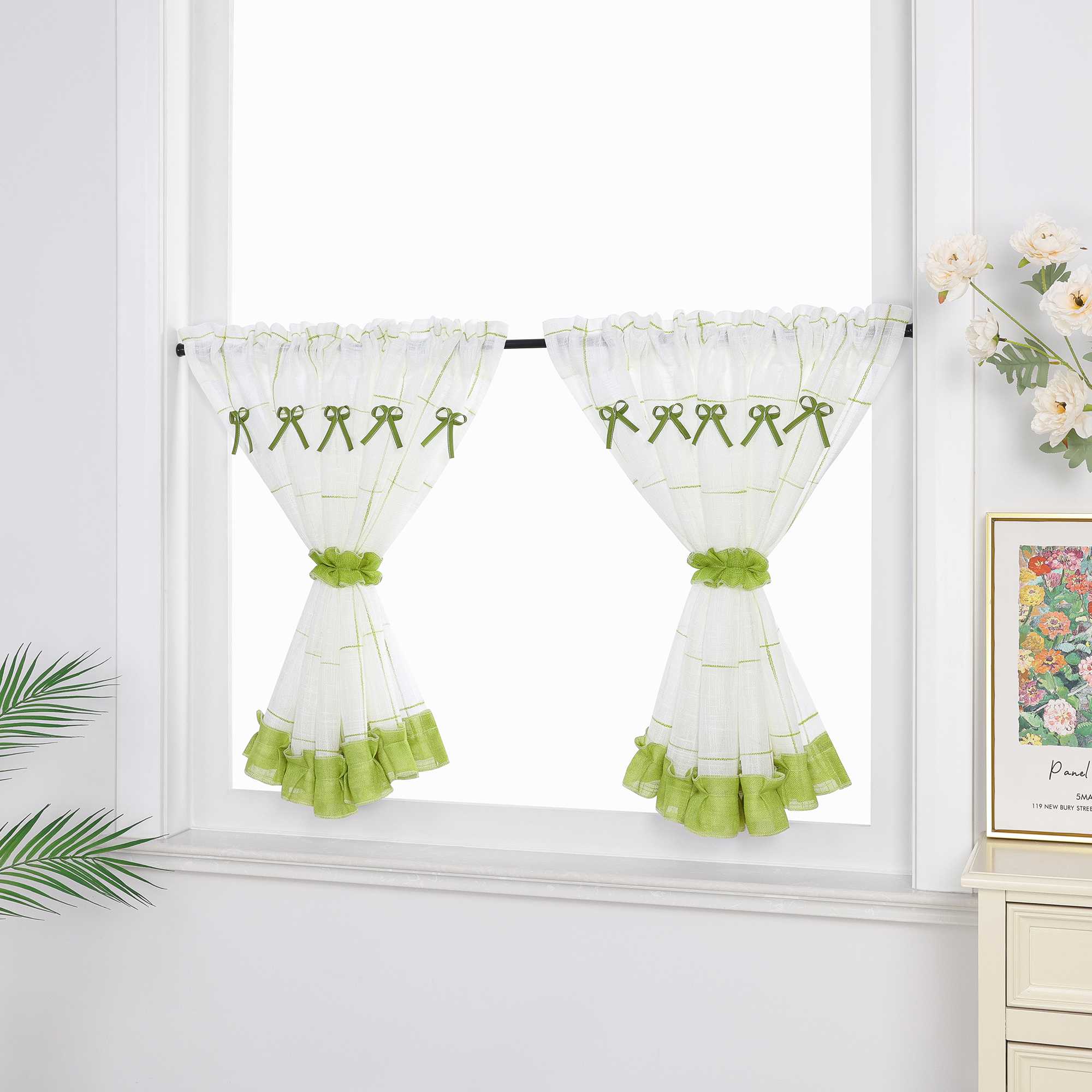 Cafe Curtain in Country Style in Linen-Look Fabric with Bows 1 Piece - Green, W x H 90 x 90cm