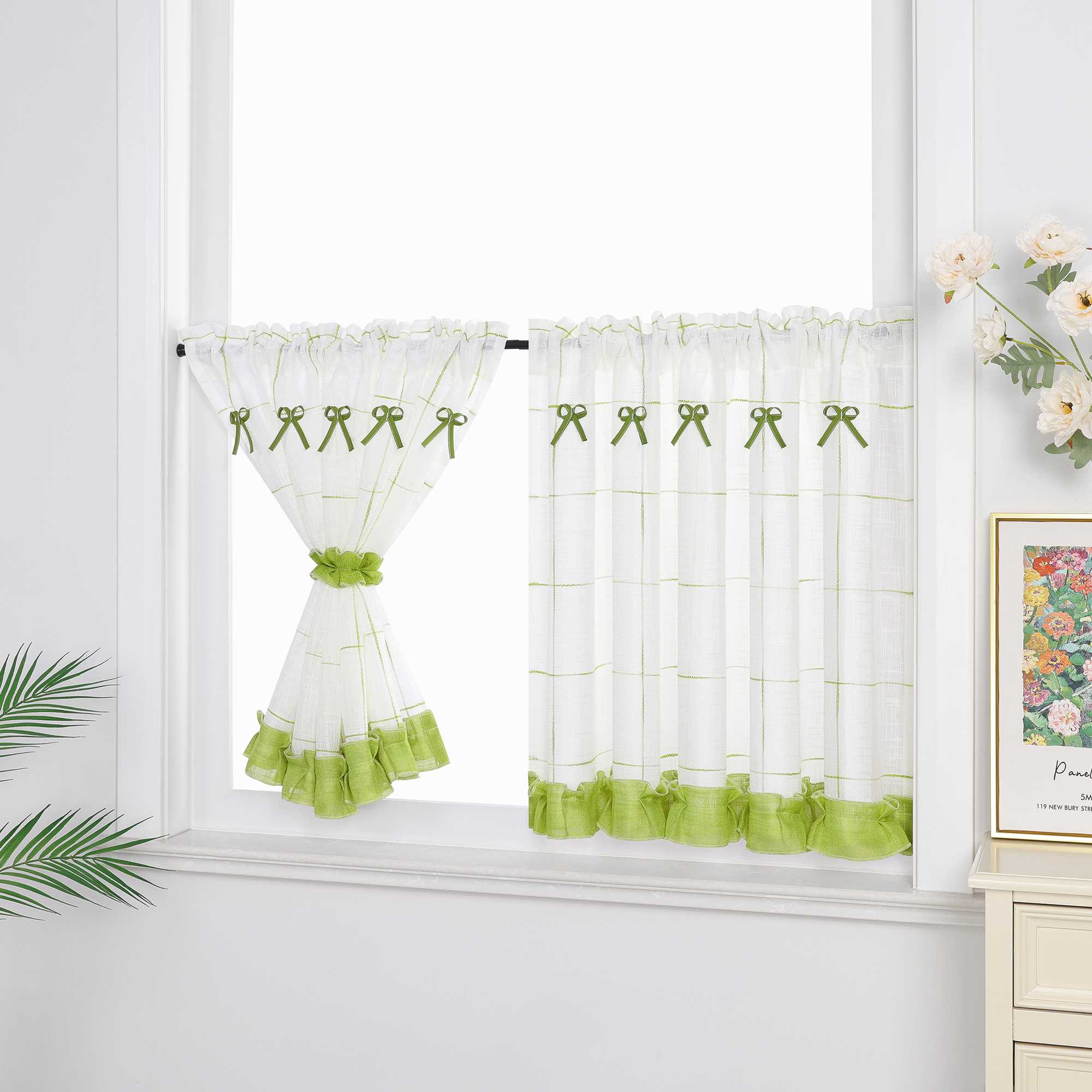 Cafe Curtain in Country Style in Linen-Look Fabric with Bows 1 Piece - Green, W x H 140 x 35cm