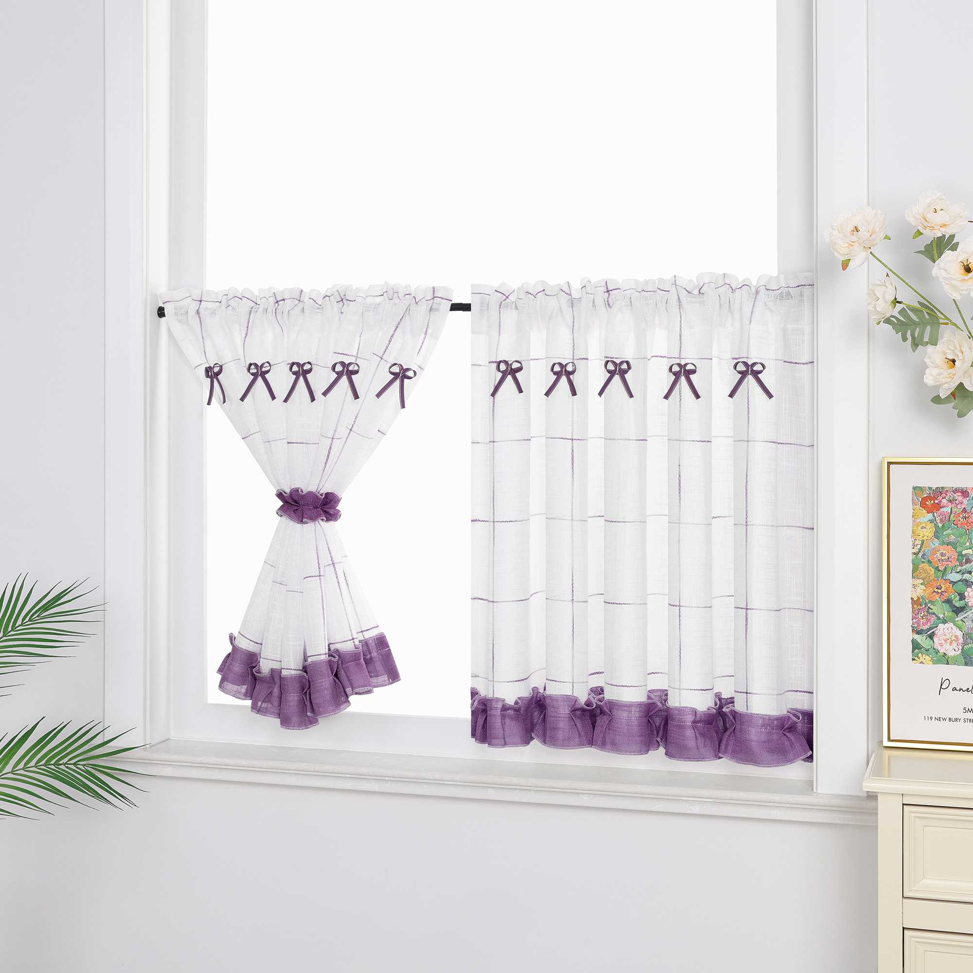 Cafe Curtain in Country Style in Linen-Look Fabric with Bows 1 Piece - Green, W x H 130 x 120cm
