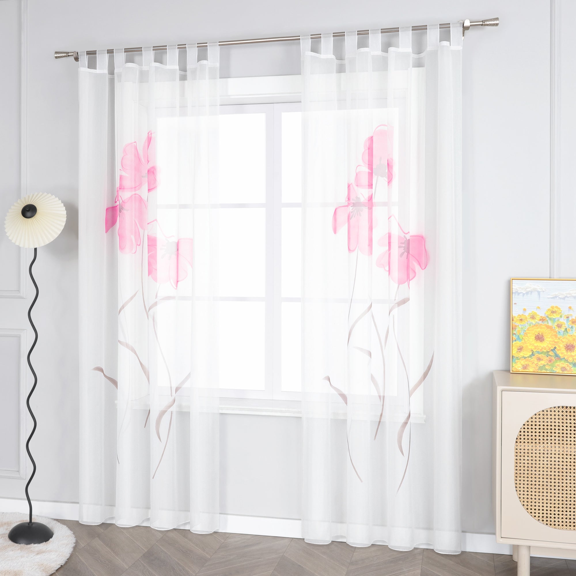 Curtain with Floral Pattern with Tab-Top Hanging 1 Piece - Pink, W x H 150 x 175cm