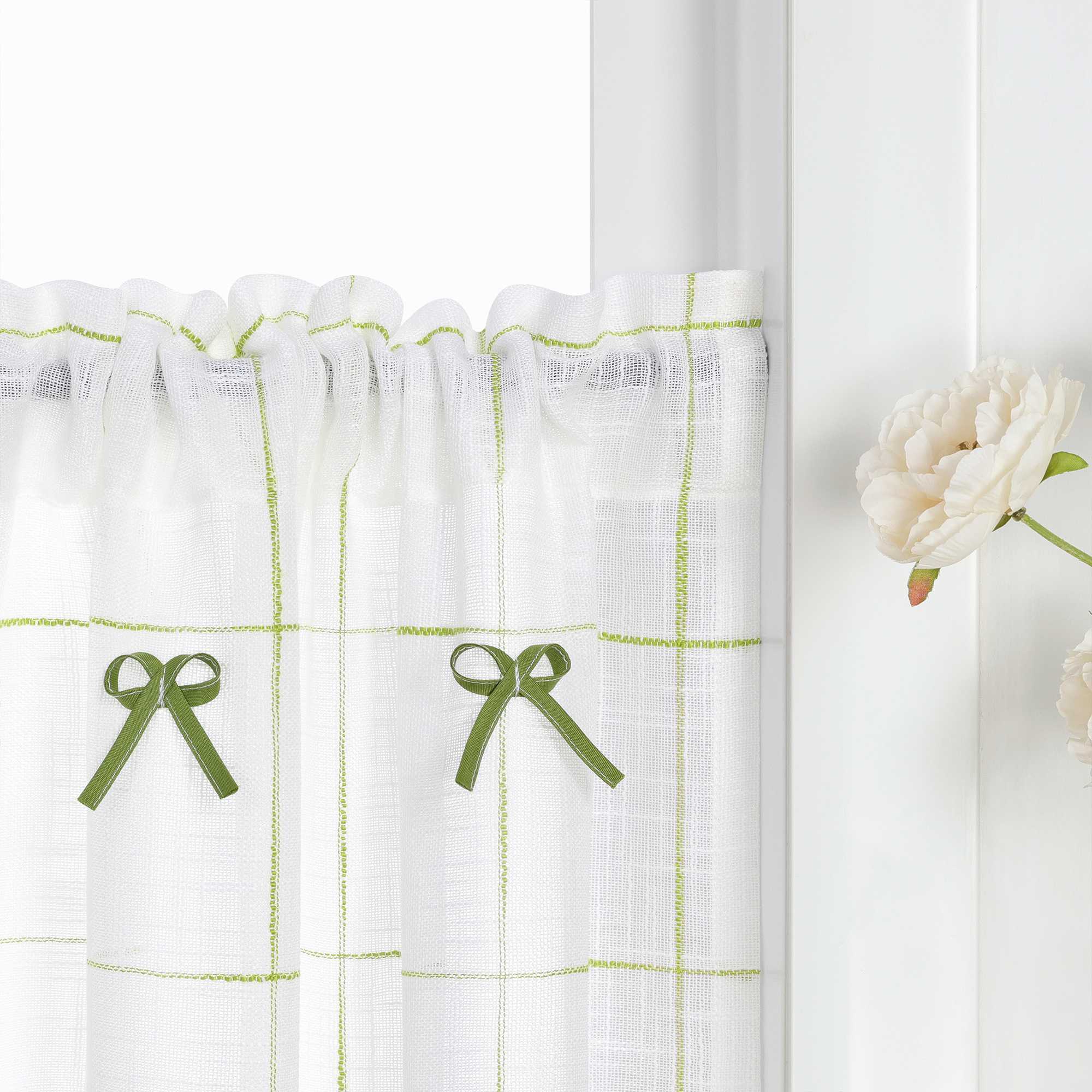 Cafe Curtain in Country Style in Linen-Look Fabric with Bows 1 Piece - Green, W x H 140 x 45cm