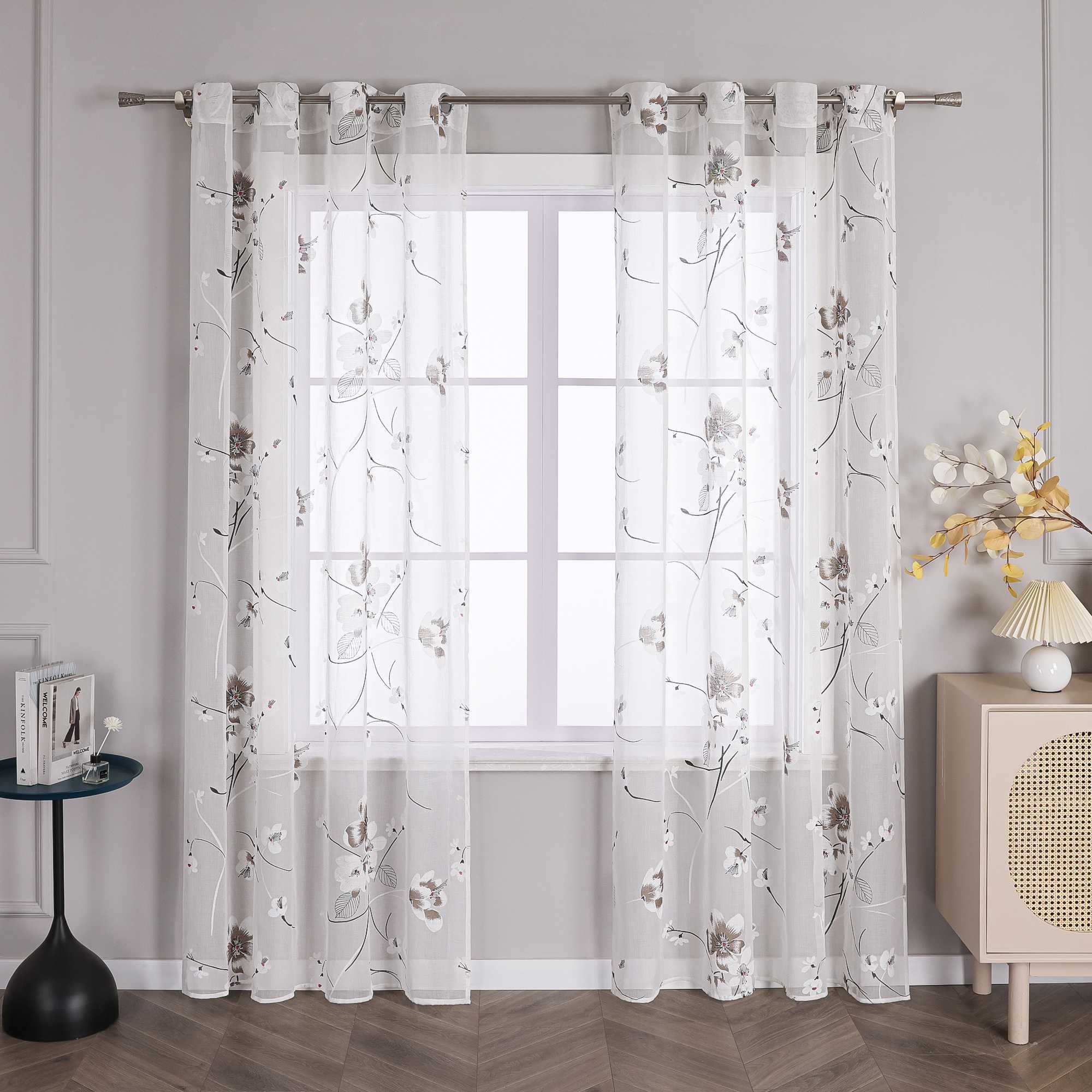 Curtain with Floral Pattern Cherry Blossom Grommet Curtain Panel 1 Piece - White, W x H 140 x 145cm