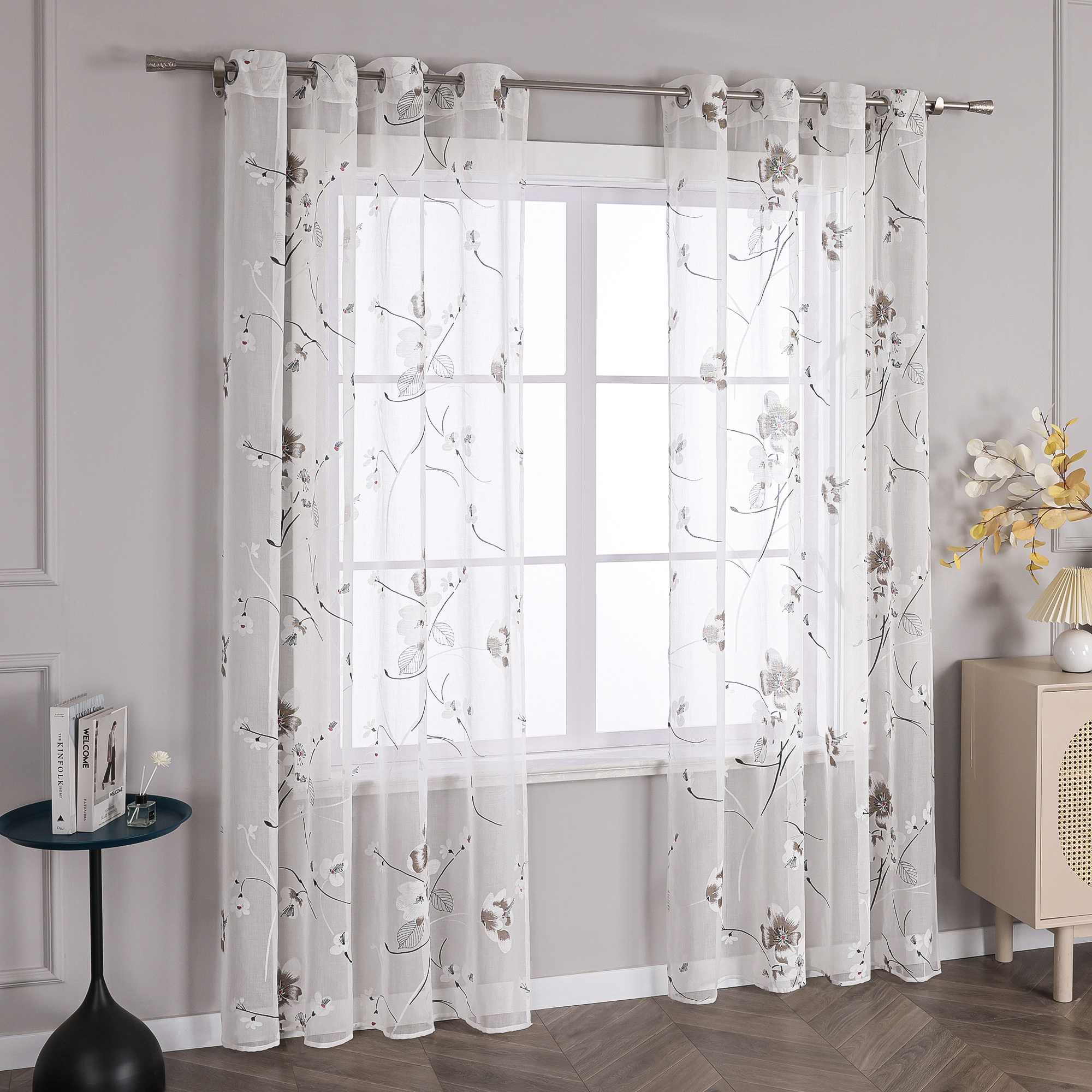 Curtain with Floral Pattern Cherry Blossom Grommet Curtain Panel 1 Piece - White, W x H 140 x 175cm