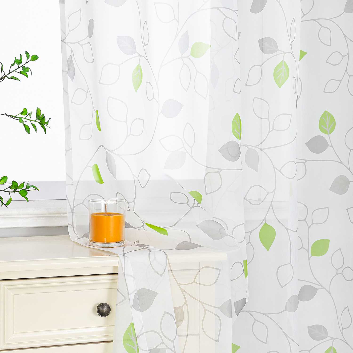 Curtain with Leaf Pattern and Tab-Top Hanging 1 Piece - Green, W x H 140 x 225cm