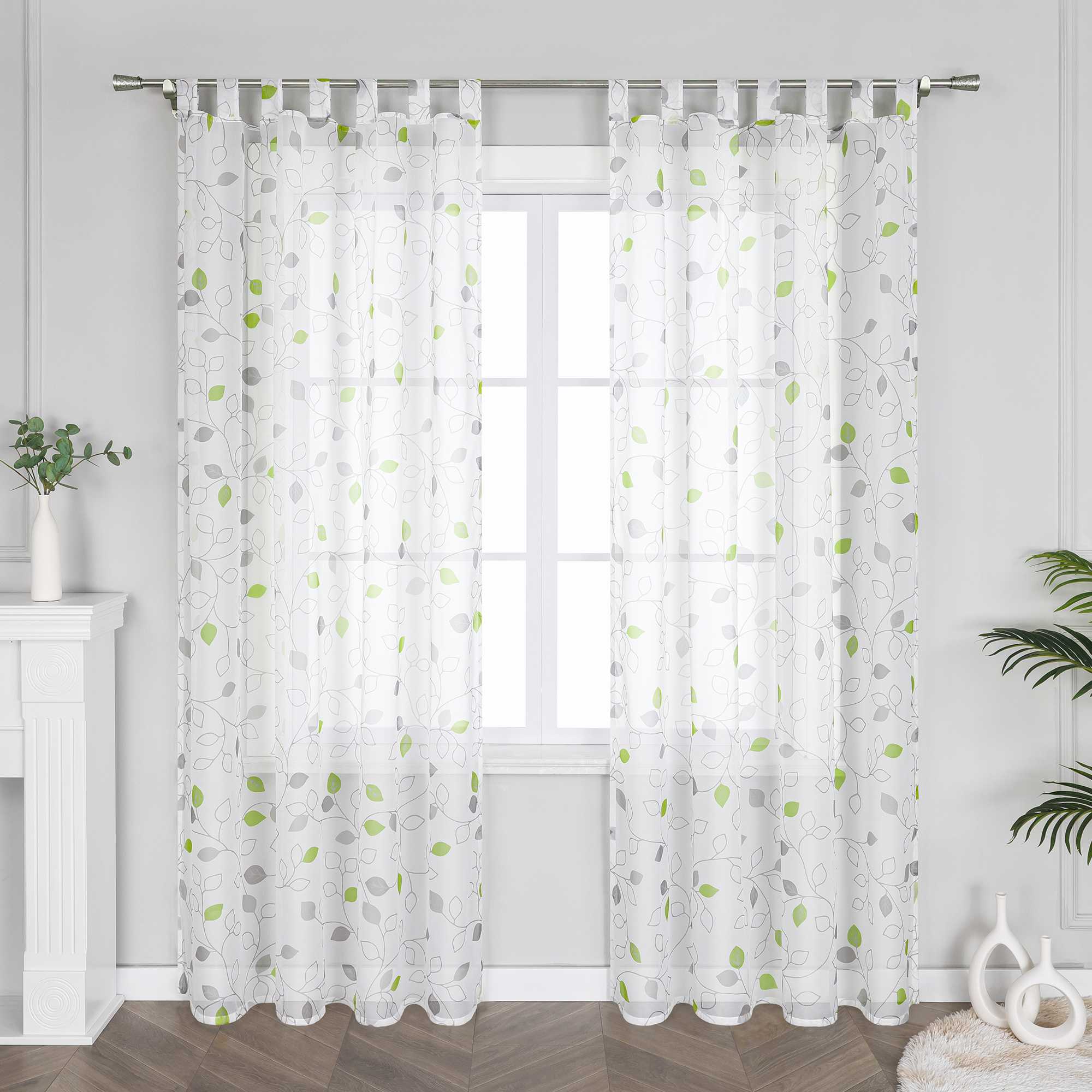 Curtain with Leaf Pattern and Tab-Top Hanging 1 Piece - Green, W x H 140 x 145cm
