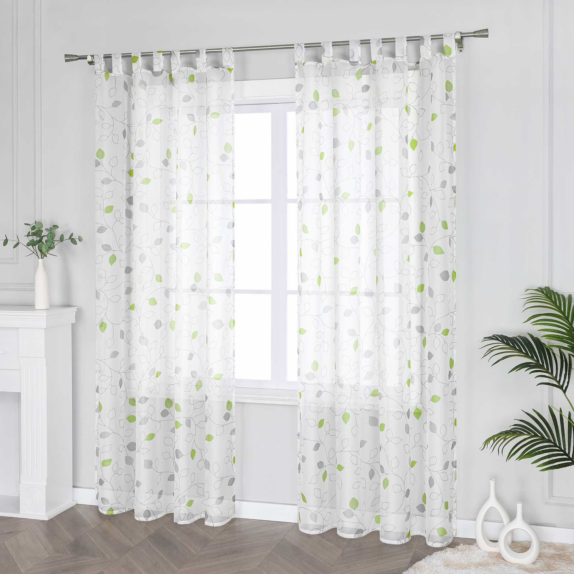 Curtain with Leaf Pattern and Tab-Top Hanging 1 Piece - Green, W x H 140 x 175cm
