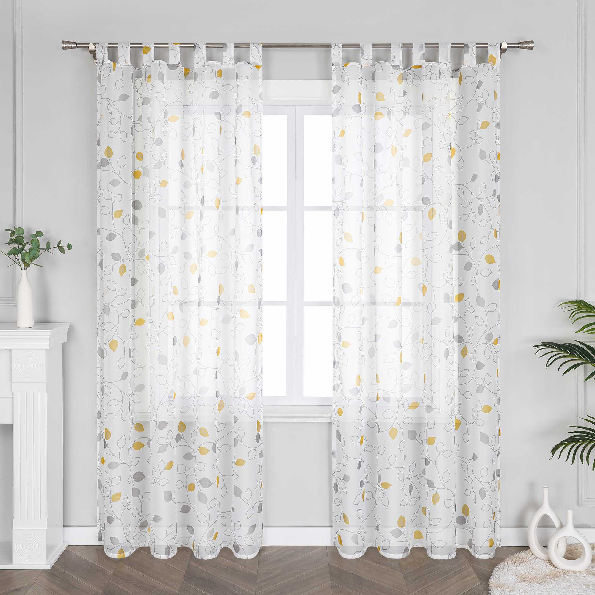 Curtain with Leaf Pattern and Tab-Top Hanging 1 Piece - yellow, W x H 140 x 225cm