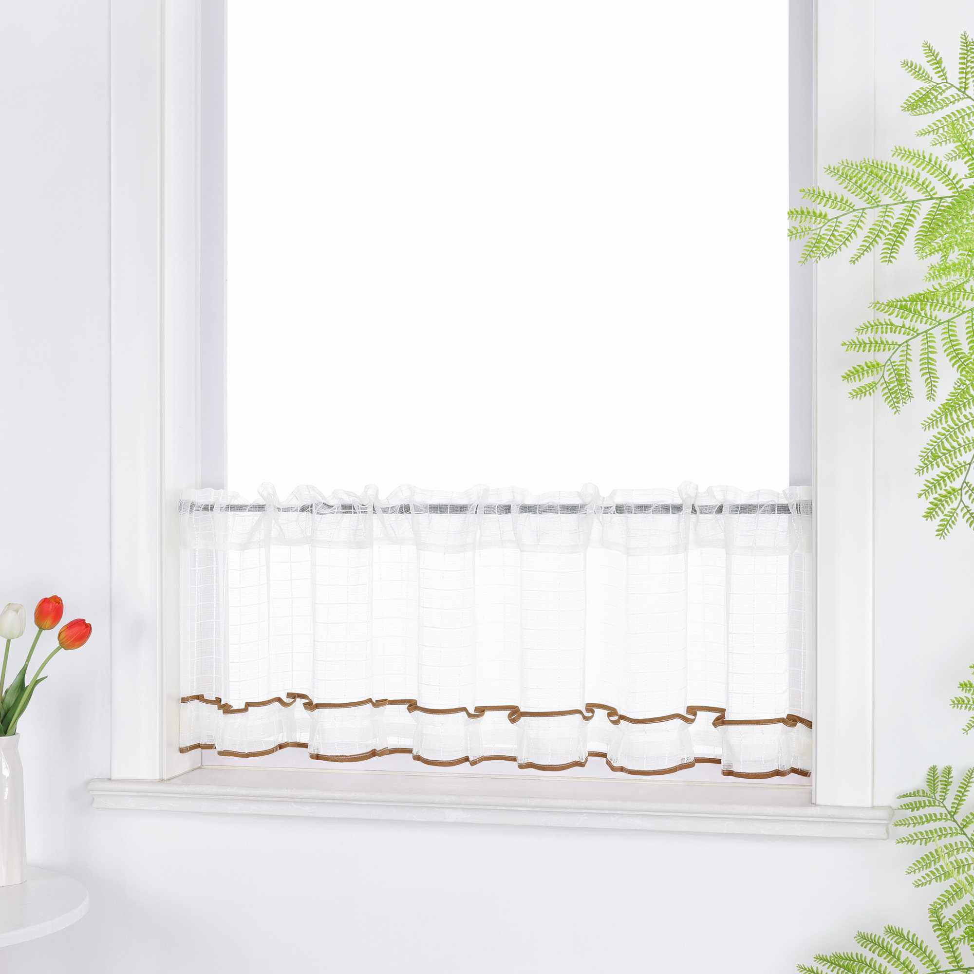 Cafe Curtain with Check Pattern and Decorative Ribbon - White, W x H 140 x 35cm