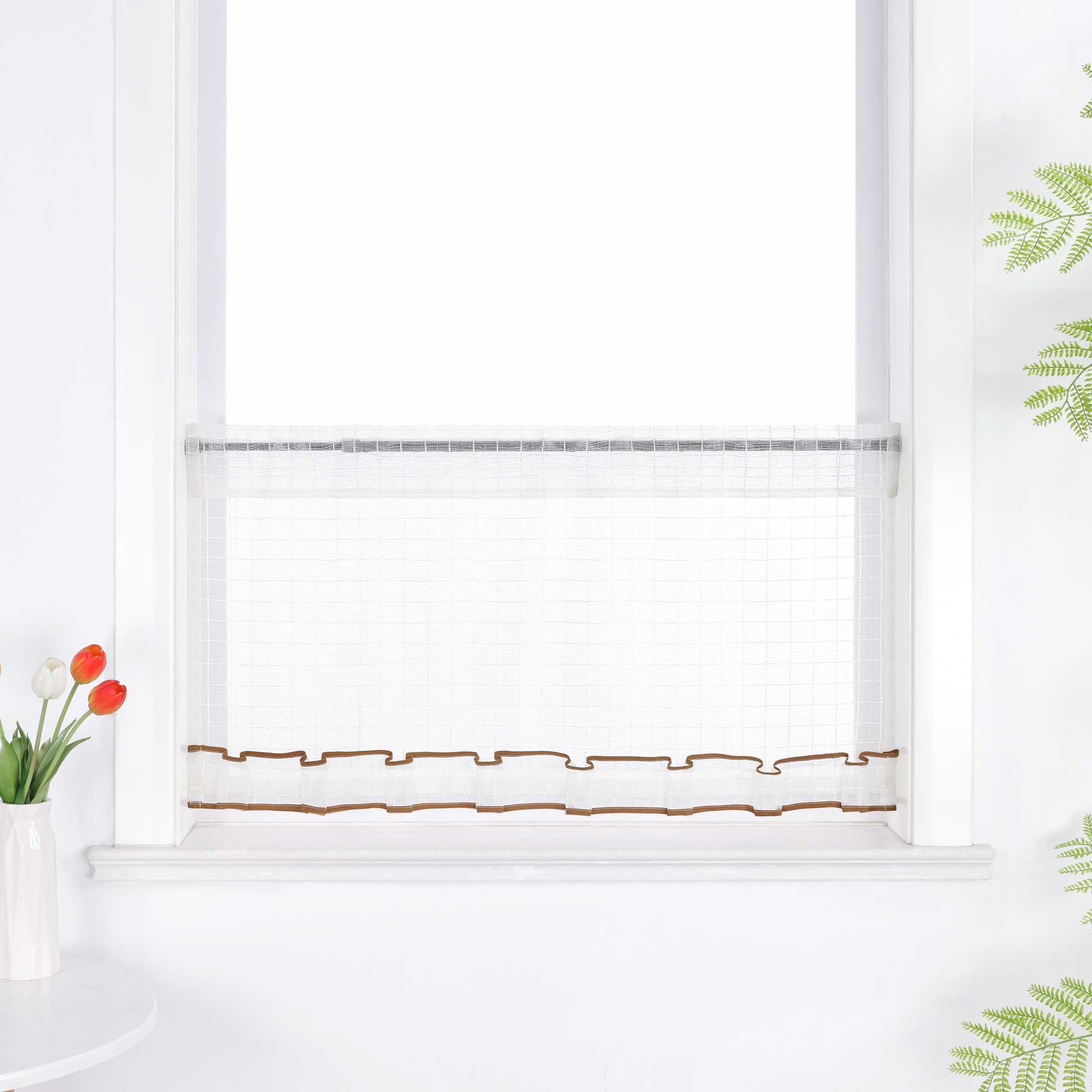 Cafe Curtain with Check Pattern and Decorative Ribbon - White, W x H 90 x 90cm